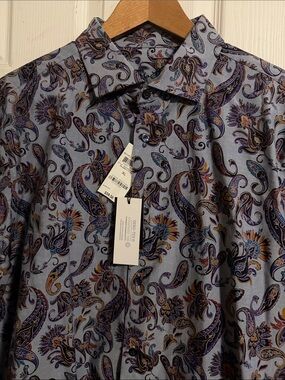 Tasso Elba Light Blue Paisley Button-Down Shirt with Purple and Gold Details